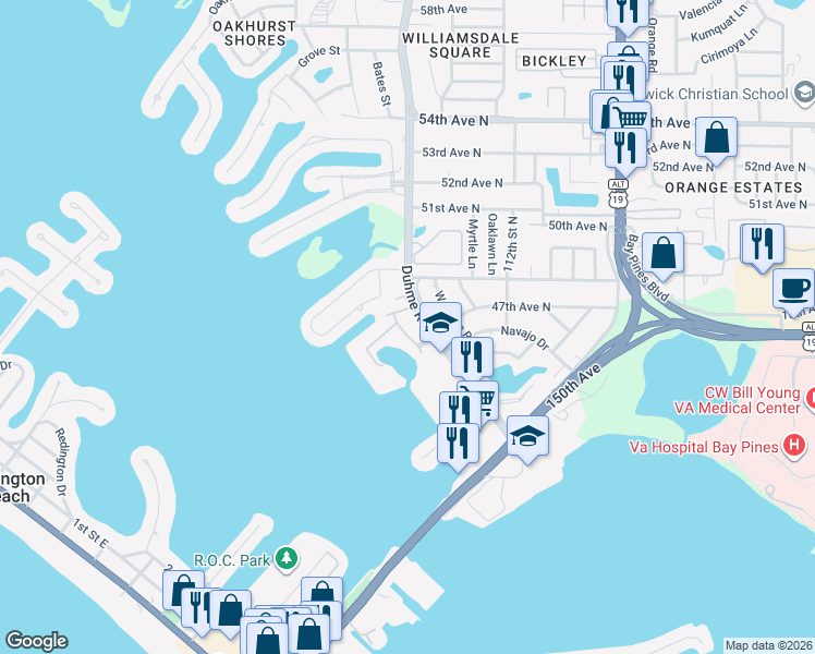 map of restaurants, bars, coffee shops, grocery stores, and more near 4650 Cove Circle in St. Petersburg