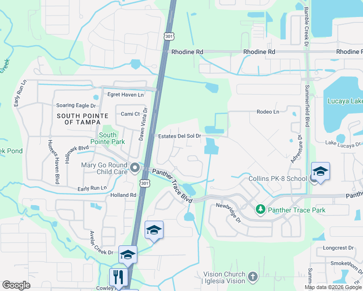 map of restaurants, bars, coffee shops, grocery stores, and more near 10713 Estates Del Sol Drive in Riverview