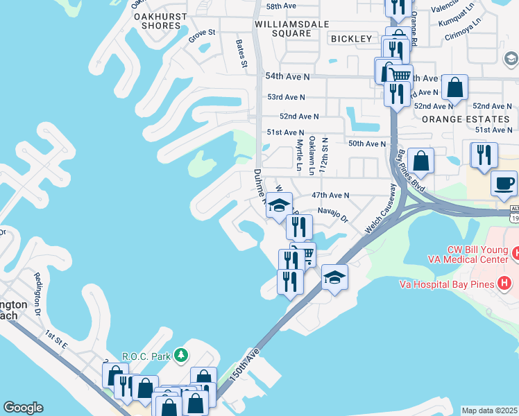 map of restaurants, bars, coffee shops, grocery stores, and more near 4650 Cove Circle in St. Petersburg