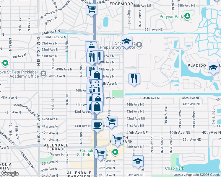 map of restaurants, bars, coffee shops, grocery stores, and more near 245 46th Avenue North in St. Petersburg