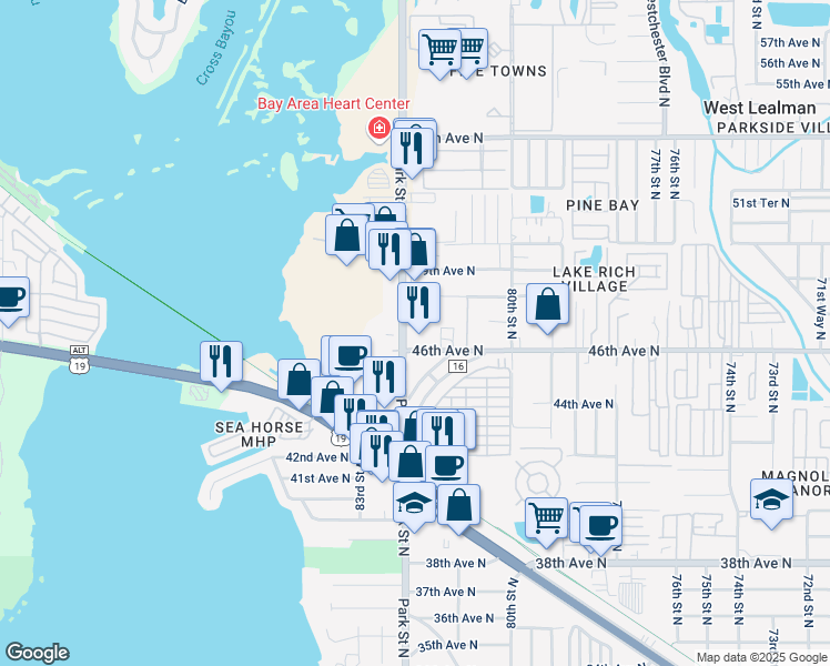 map of restaurants, bars, coffee shops, grocery stores, and more near 4641 Park Street North in St. Petersburg