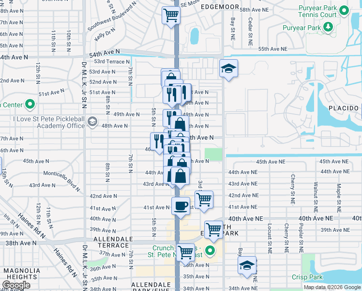 map of restaurants, bars, coffee shops, grocery stores, and more near 366 47th Avenue North in St. Petersburg