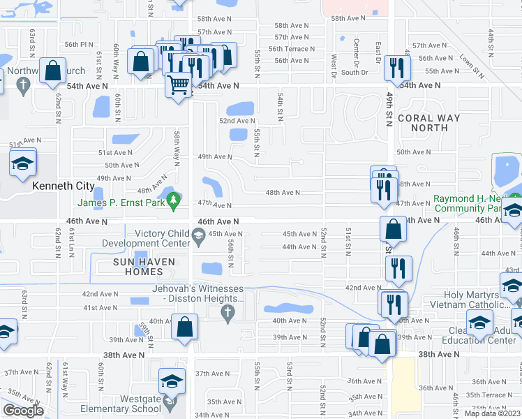 map of restaurants, bars, coffee shops, grocery stores, and more near 5470 47th Avenue North in Saint Petersburg