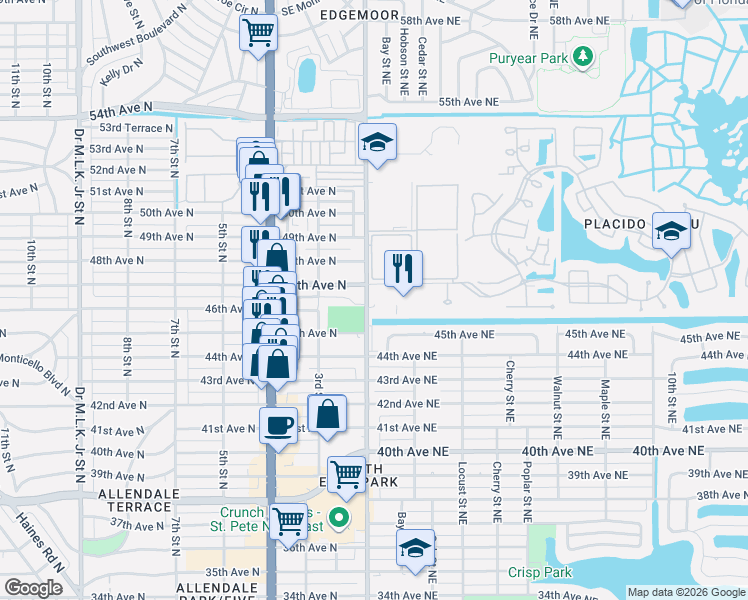 map of restaurants, bars, coffee shops, grocery stores, and more near 135 47th Avenue Northeast in St. Petersburg