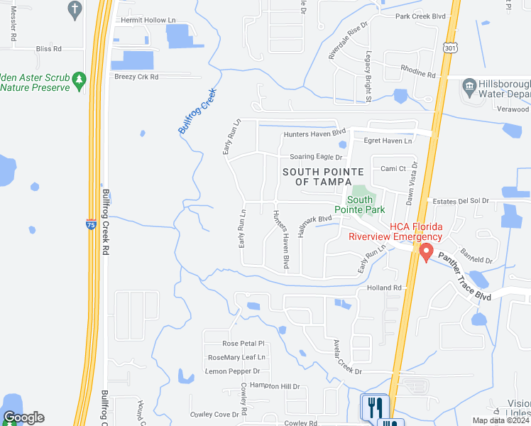 map of restaurants, bars, coffee shops, grocery stores, and more near 12408 Hawkeye Point Place in Riverview