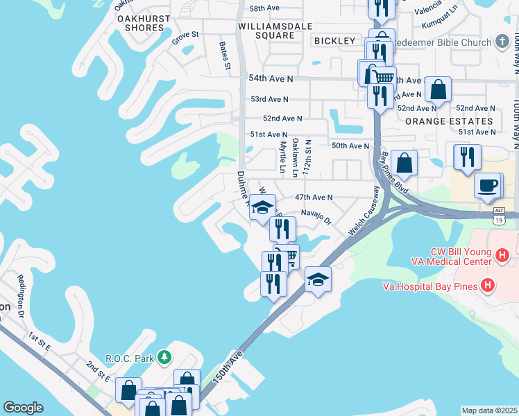 map of restaurants, bars, coffee shops, grocery stores, and more near 4611 Duhme Road in St. Petersburg