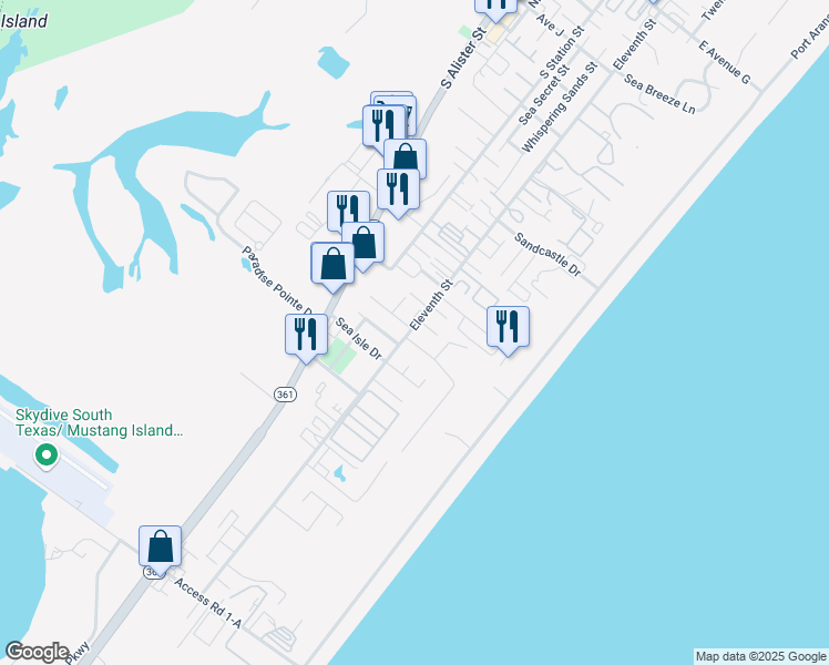 map of restaurants, bars, coffee shops, grocery stores, and more near 2125 Eleventh Street in Port Aransas
