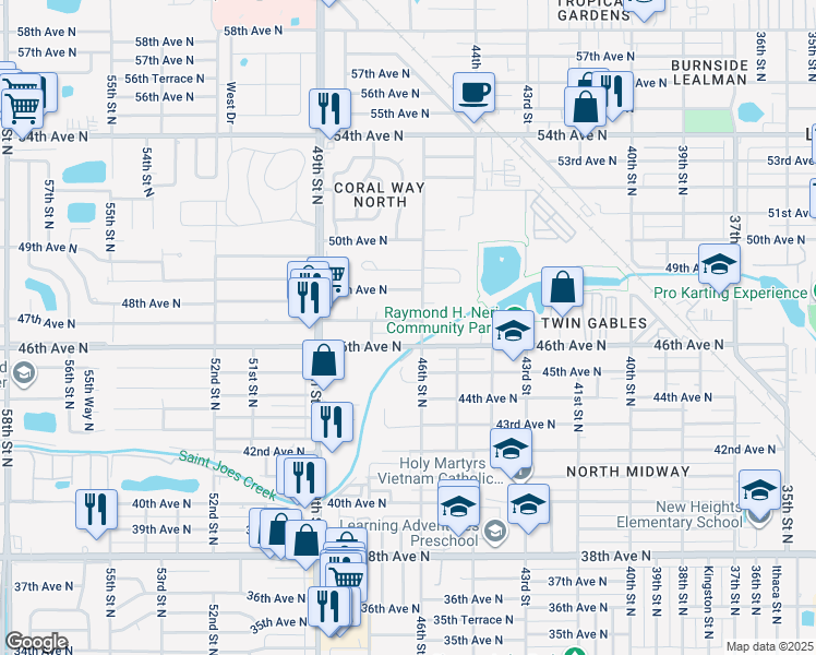 map of restaurants, bars, coffee shops, grocery stores, and more near 4600 47th Ave N in St Petersburg