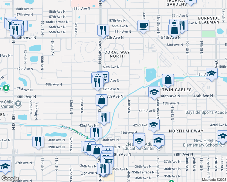 map of restaurants, bars, coffee shops, grocery stores, and more near 4620 47 Way North in St. Petersburg