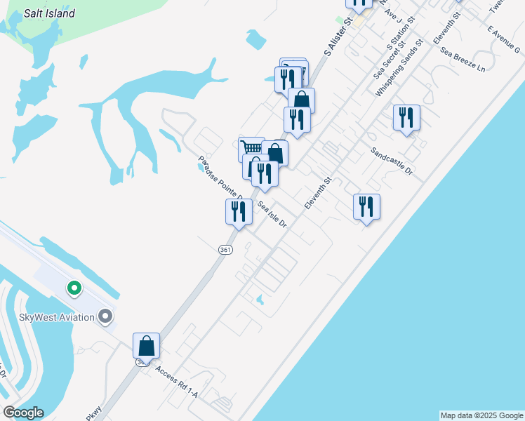 map of restaurants, bars, coffee shops, grocery stores, and more near 2327 Texas 361 in Port Aransas