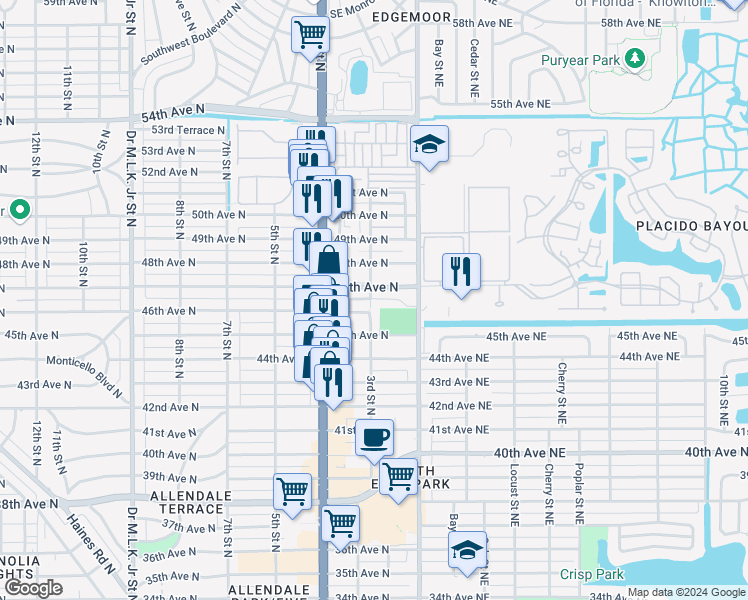 map of restaurants, bars, coffee shops, grocery stores, and more near 245 46th Avenue North in Saint Petersburg