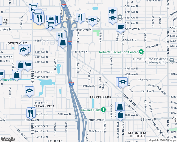 map of restaurants, bars, coffee shops, grocery stores, and more near 4700 Haines Road North in St. Petersburg