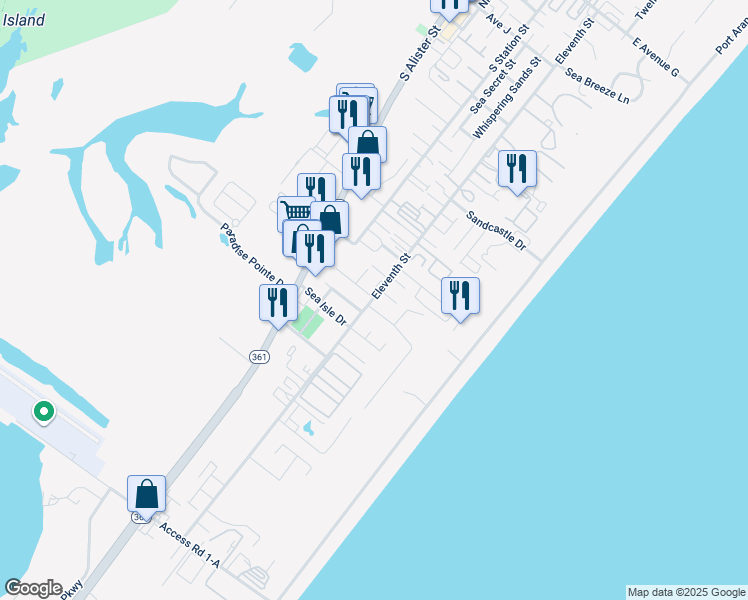 map of restaurants, bars, coffee shops, grocery stores, and more near 2125 Eleventh Street in Port Aransas