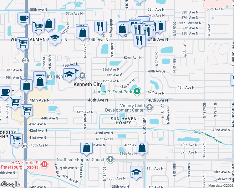 map of restaurants, bars, coffee shops, grocery stores, and more near 5996 47th Avenue North in Kenneth City