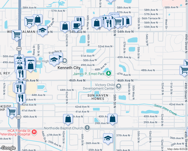map of restaurants, bars, coffee shops, grocery stores, and more near 5996 47th Avenue North in Kenneth City