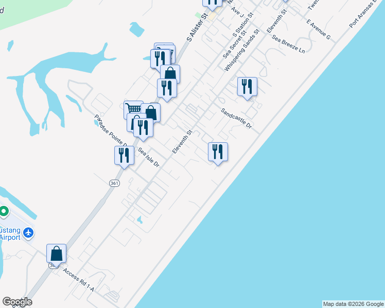 map of restaurants, bars, coffee shops, grocery stores, and more near 2024 Sand Point Circle in Port Aransas