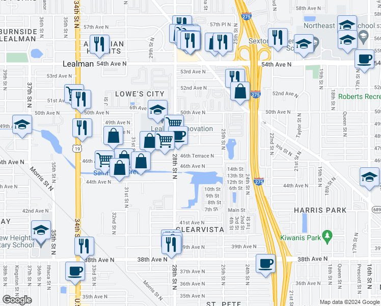 map of restaurants, bars, coffee shops, grocery stores, and more near 2715 46th Terrace North in Saint Petersburg