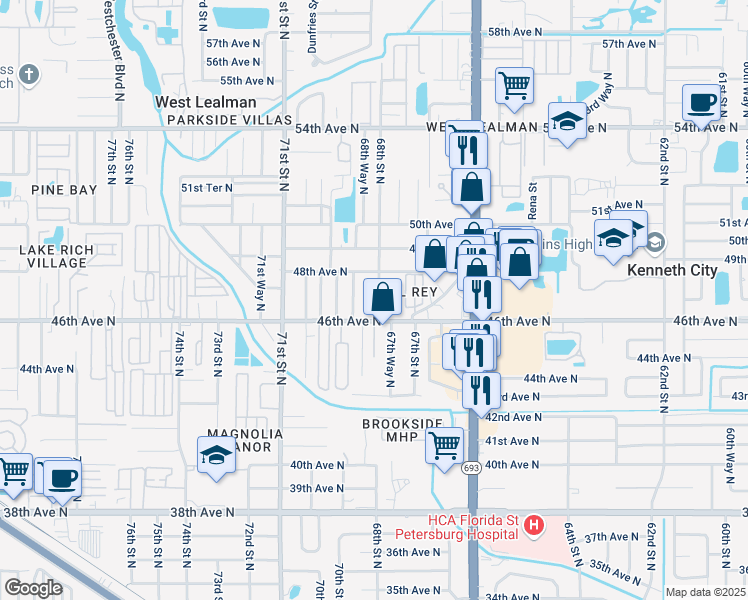 map of restaurants, bars, coffee shops, grocery stores, and more near 4650 68th Street North in St. Petersburg