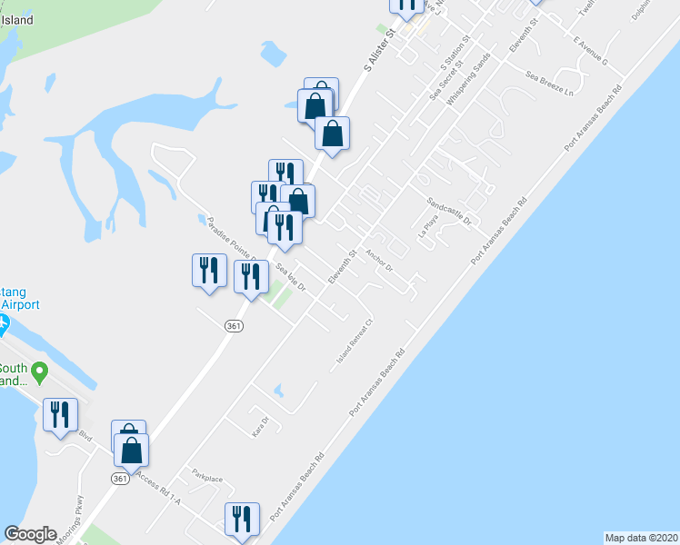 map of restaurants, bars, coffee shops, grocery stores, and more near 2125 Eleventh Street in Port Aransas