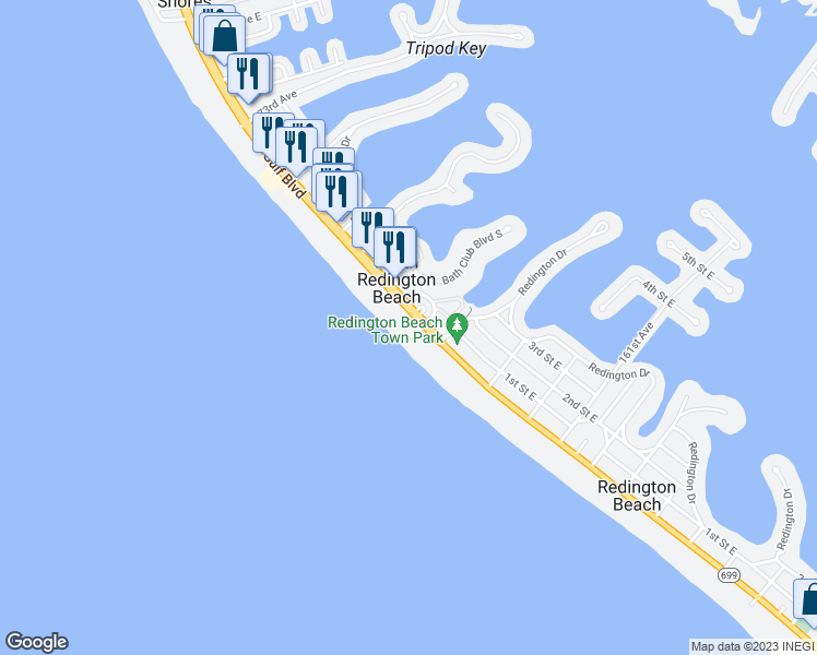 map of restaurants, bars, coffee shops, grocery stores, and more near 262 Colony Circle in North Redington Beach