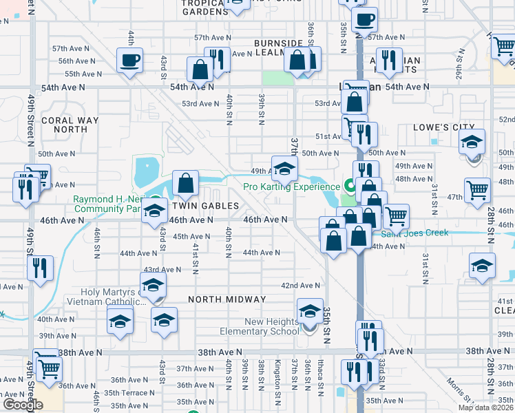 map of restaurants, bars, coffee shops, grocery stores, and more near 4631 Lown Street North in St. Petersburg