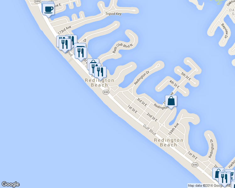 map of restaurants, bars, coffee shops, grocery stores, and more near 101 164th Avenue in Redington Beach