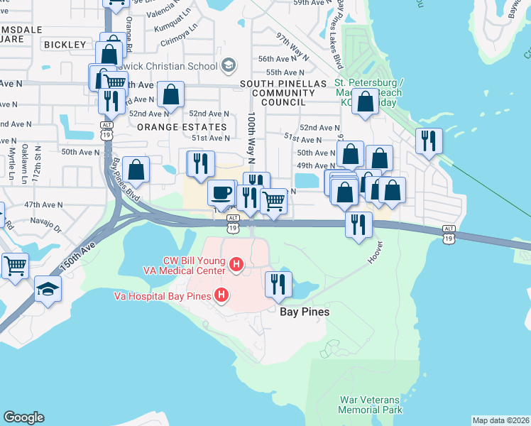 map of restaurants, bars, coffee shops, grocery stores, and more near 108 47th Avenue North in St. Petersburg