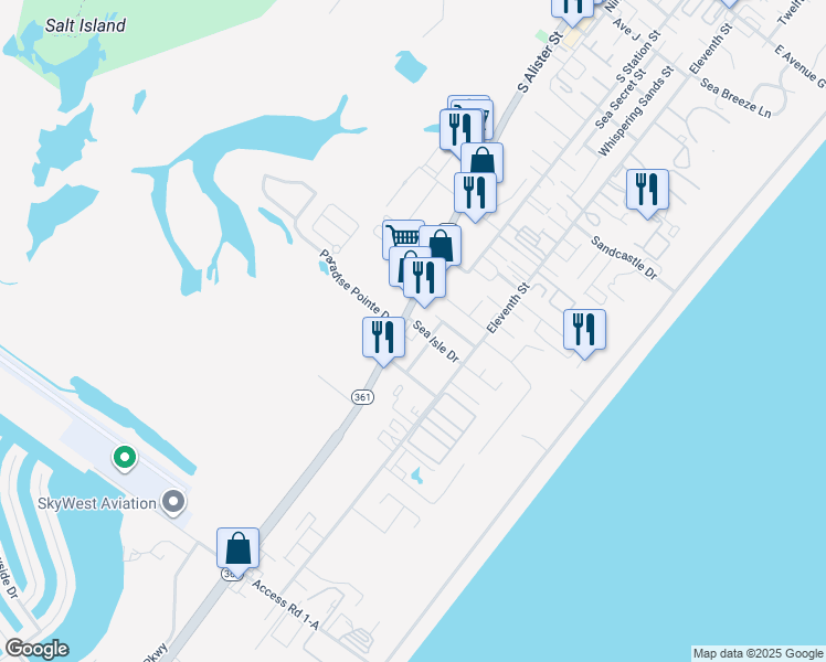 map of restaurants, bars, coffee shops, grocery stores, and more near 2327 Texas 361 in Port Aransas