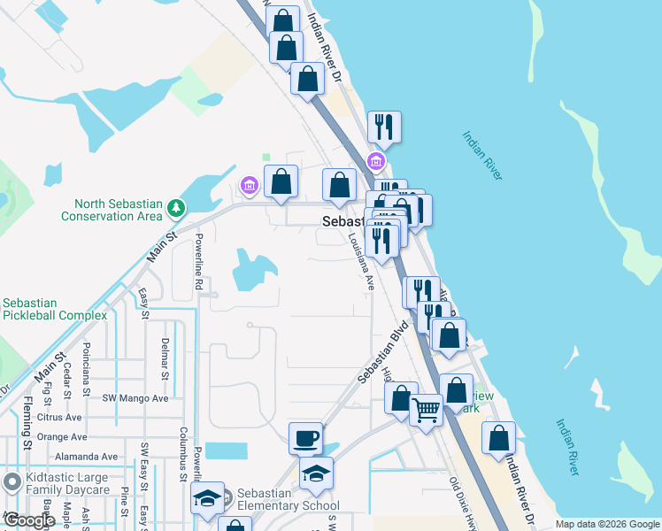 map of restaurants, bars, coffee shops, grocery stores, and more near 1 Palmer Drive in Sebastian