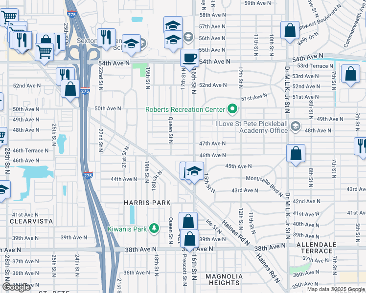 map of restaurants, bars, coffee shops, grocery stores, and more near 1640 47th Avenue North in Saint Petersburg