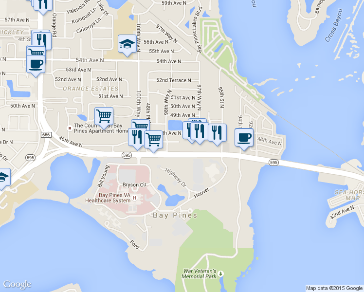 map of restaurants, bars, coffee shops, grocery stores, and more near 9797 Bay Pines Boulevard in St. Petersburg