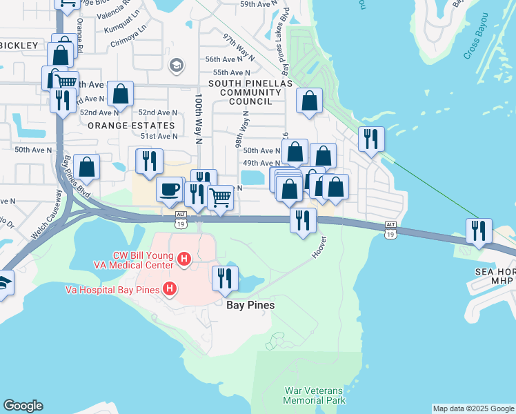 map of restaurants, bars, coffee shops, grocery stores, and more near 9797 Bay Pines Boulevard in St. Petersburg