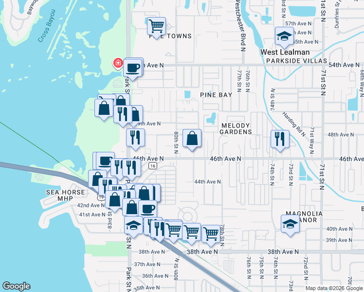 map of restaurants, bars, coffee shops, grocery stores, and more near 7975 46th Avenue North in St. Petersburg