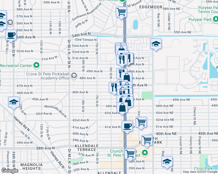 map of restaurants, bars, coffee shops, grocery stores, and more near 510 47th Avenue North in Saint Petersburg
