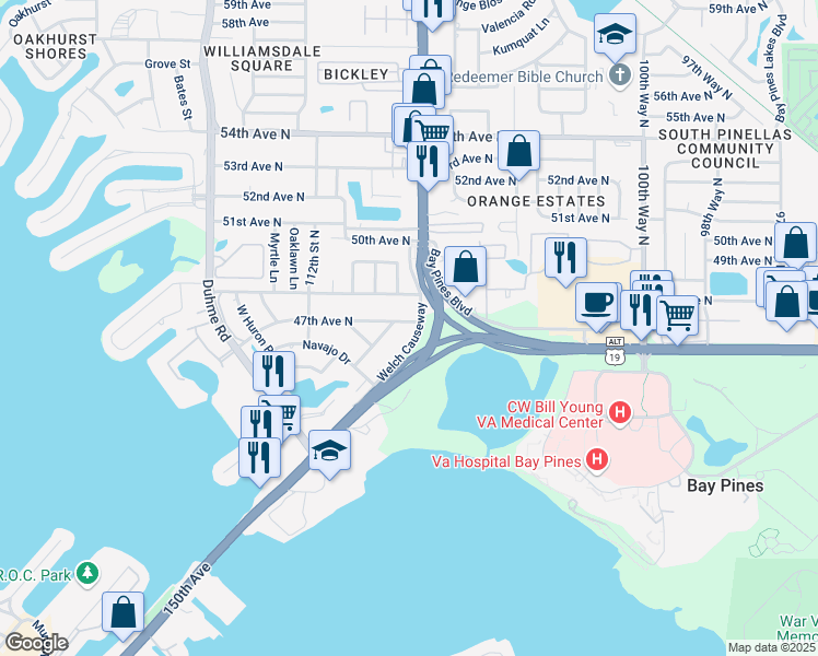 map of restaurants, bars, coffee shops, grocery stores, and more near 10700 47th Avenue North in Saint Petersburg