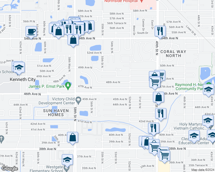 map of restaurants, bars, coffee shops, grocery stores, and more near 5425 47th Avenue North in Saint Petersburg