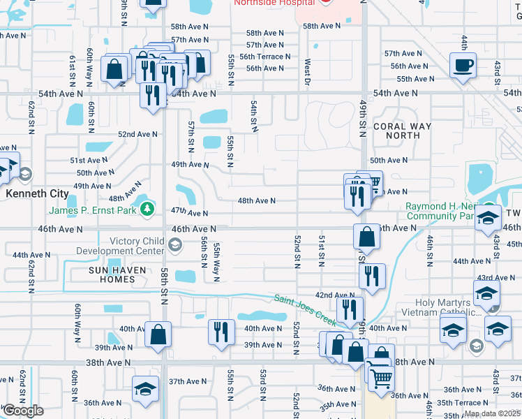 map of restaurants, bars, coffee shops, grocery stores, and more near 5387 47th Avenue North in St. Petersburg