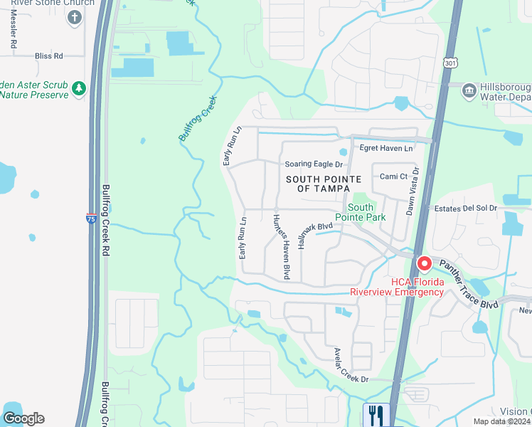 map of restaurants, bars, coffee shops, grocery stores, and more near 12402 Hawkeye Point Place in Riverview