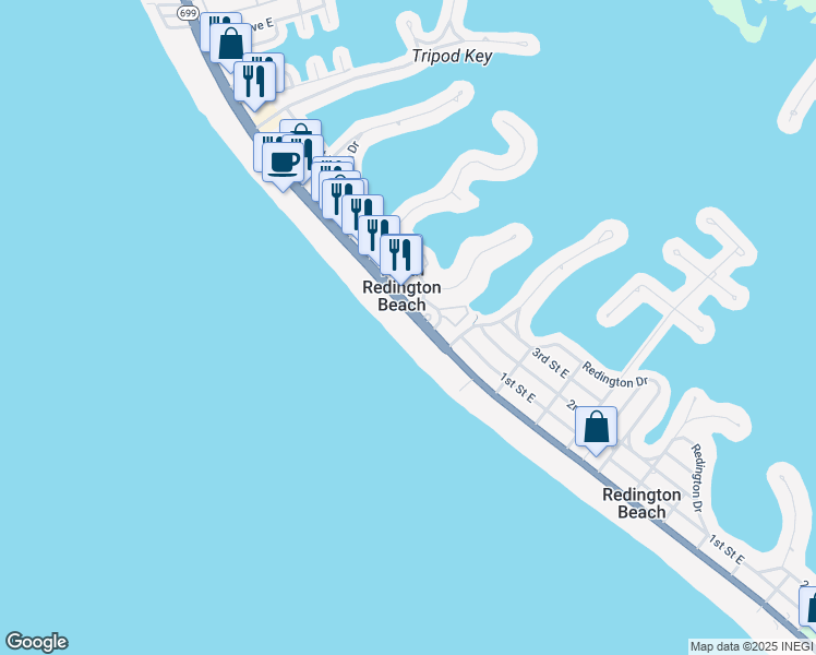 map of restaurants, bars, coffee shops, grocery stores, and more near 16500 Gulf Boulevard in North Redington Beach