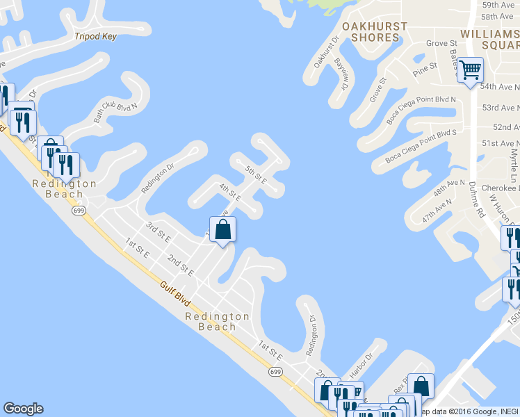 map of restaurants, bars, coffee shops, grocery stores, and more near 16003 4th Street East in Redington Beach