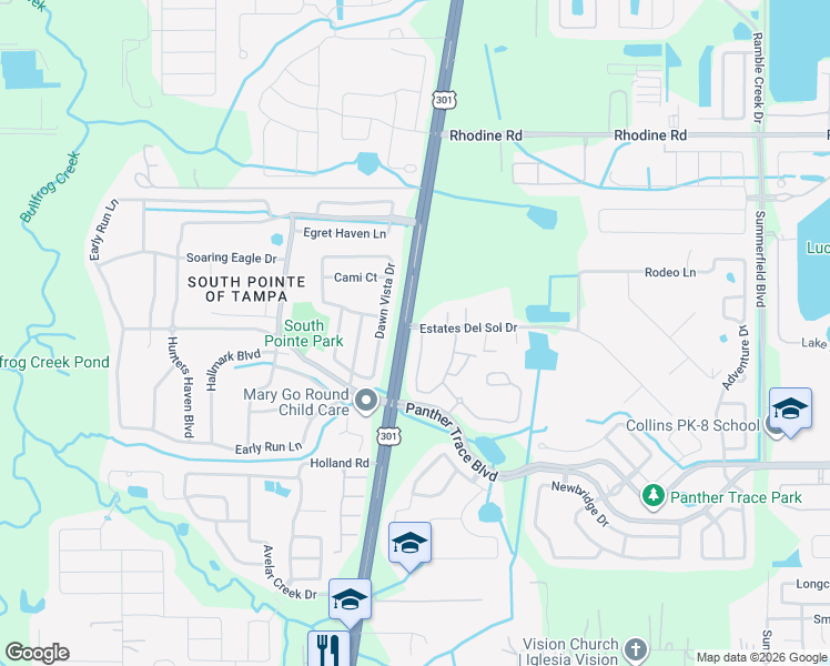 map of restaurants, bars, coffee shops, grocery stores, and more near 12301 Foxmoor Peak Drive in Riverview