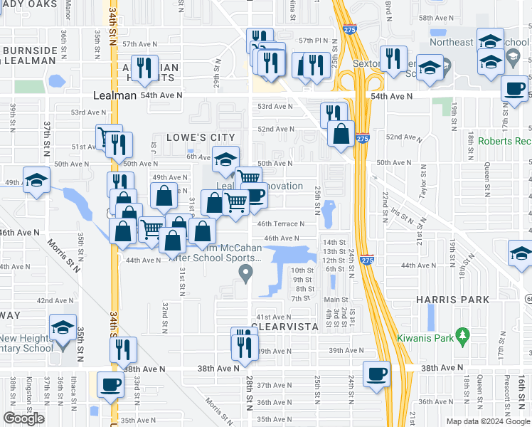map of restaurants, bars, coffee shops, grocery stores, and more near 2700 47th Avenue North in Saint Petersburg