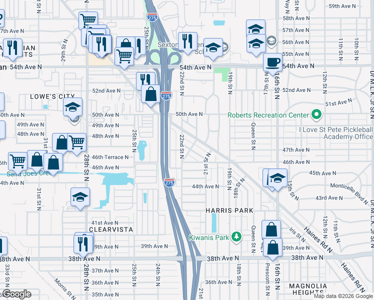map of restaurants, bars, coffee shops, grocery stores, and more near 4630 Grace Street North in Saint Petersburg