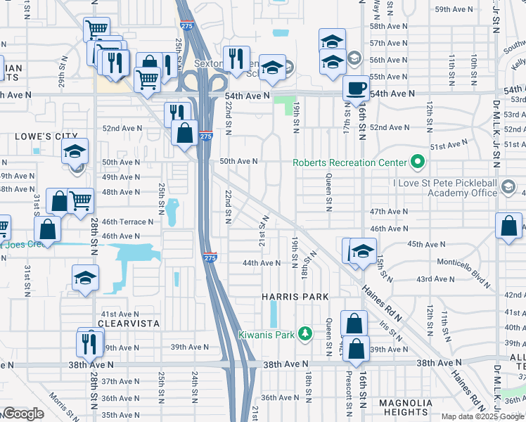 map of restaurants, bars, coffee shops, grocery stores, and more near 4700 Haines Road North in Saint Petersburg