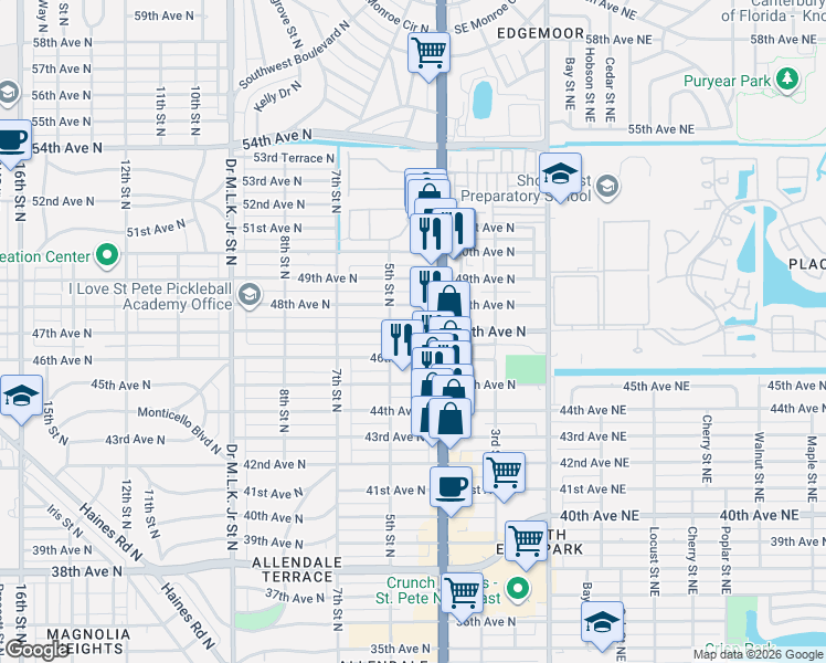 map of restaurants, bars, coffee shops, grocery stores, and more near 455 47th Avenue North in St. Petersburg
