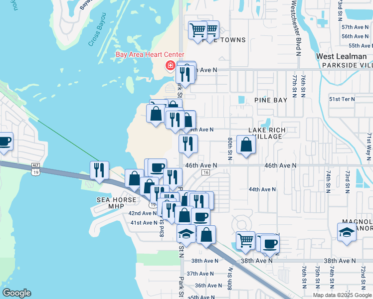 map of restaurants, bars, coffee shops, grocery stores, and more near 4641 Park Street North in St. Petersburg