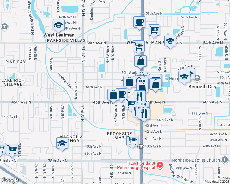 map of restaurants, bars, coffee shops, grocery stores, and more near 4650 68th Street North in St. Petersburg