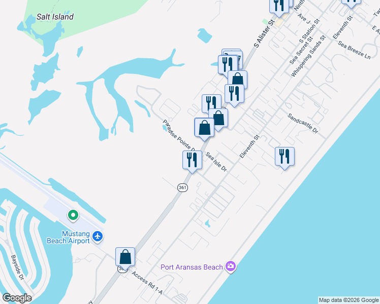 map of restaurants, bars, coffee shops, grocery stores, and more near 2412 Texas 361 in Port Aransas