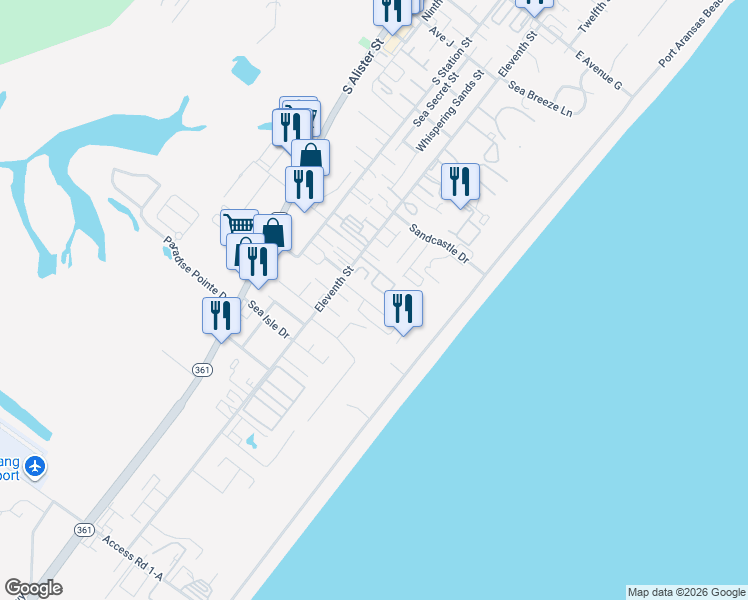 map of restaurants, bars, coffee shops, grocery stores, and more near 683 Anchor Drive in Port Aransas