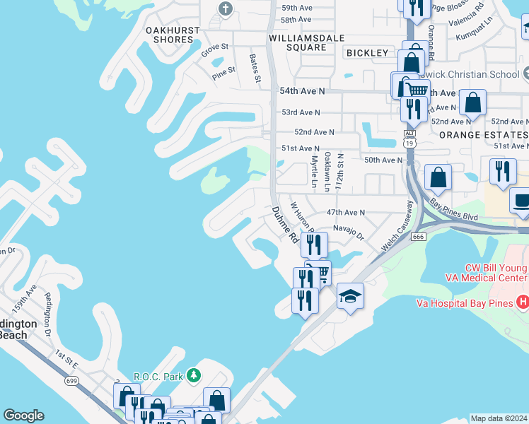 map of restaurants, bars, coffee shops, grocery stores, and more near 4700 Cove Circle in St. Petersburg